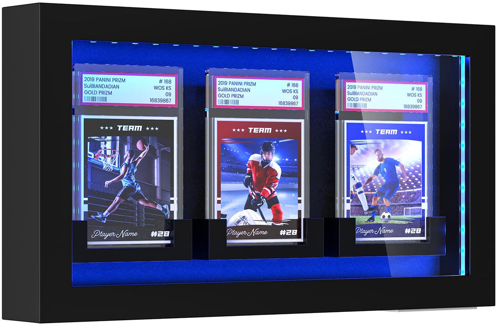 LED-Lit Graded Card Display Case – Holds 3 Slabs, Wall Mount, Lockable